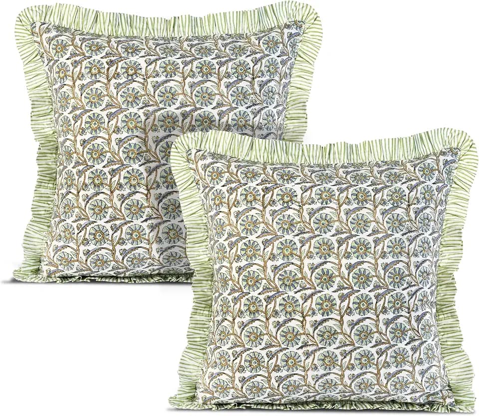Ridhi Bloom Bubbles Block Print Ruffle Pillow Covers 18x18 Inch Set of 2
