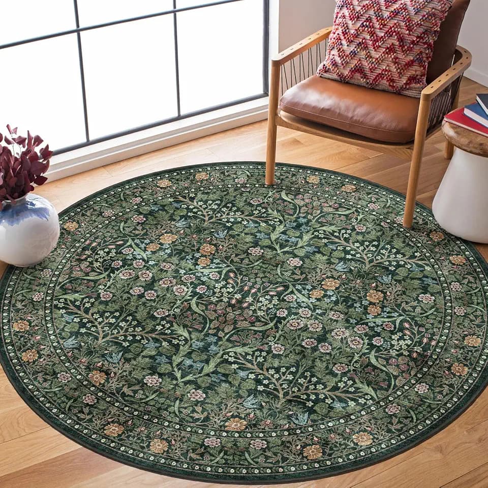 Moss Green Round Rug 4ft - Washable Boho Floral Round Entryway Rug
