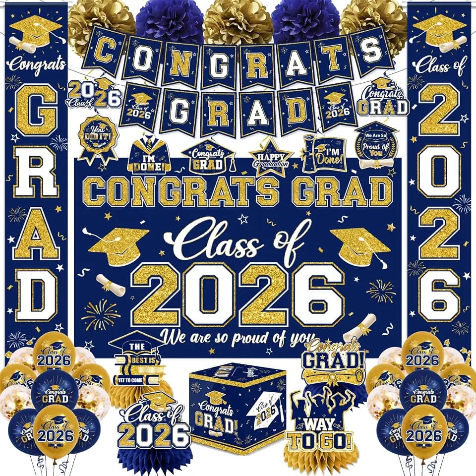 Navy Blue and Gold Graduation Decorations 2026 Set, All-in-1 Kit with Congrats Grad Banner Class of 2026 Backdrop Porch Sign Balloons Centerpieces Card Box Pom Poms Streamers for College High School