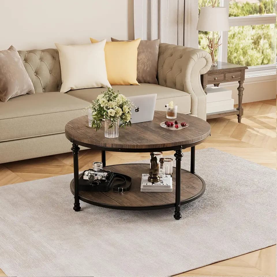 2-Tier Round Coffee Table with Storage Shelf, Rustic Wood and Metal Cocktail Table, Modern Industrial Center Table for Living Room, Apartment, Small Spaces