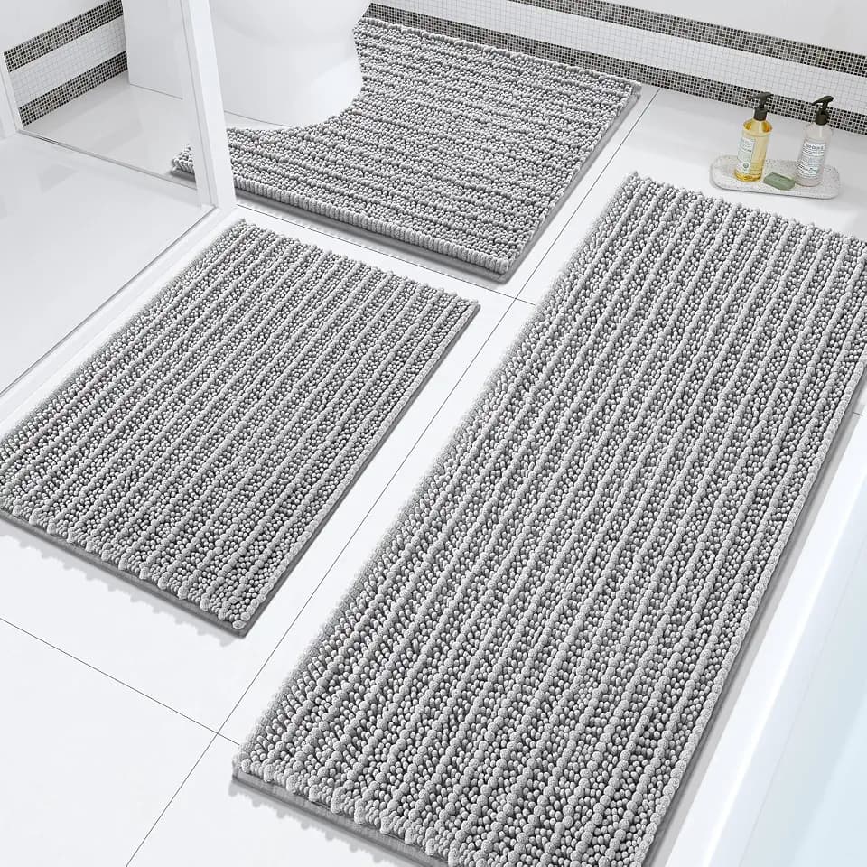 Arotive Chenille Bathroom Rugs Set 3 Piece, 60x20+24x14+24x20-U, Light Grey