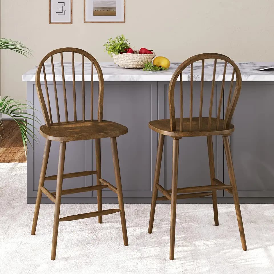 Christopher Knight Home Morgan Rubber Wood Barstool Set of 2, Counter Height Stool with Windsor-Back Design, Modern Bar Stool with Backrest/Footrest for Dining Room/Kitchen Dining Island, Walnut