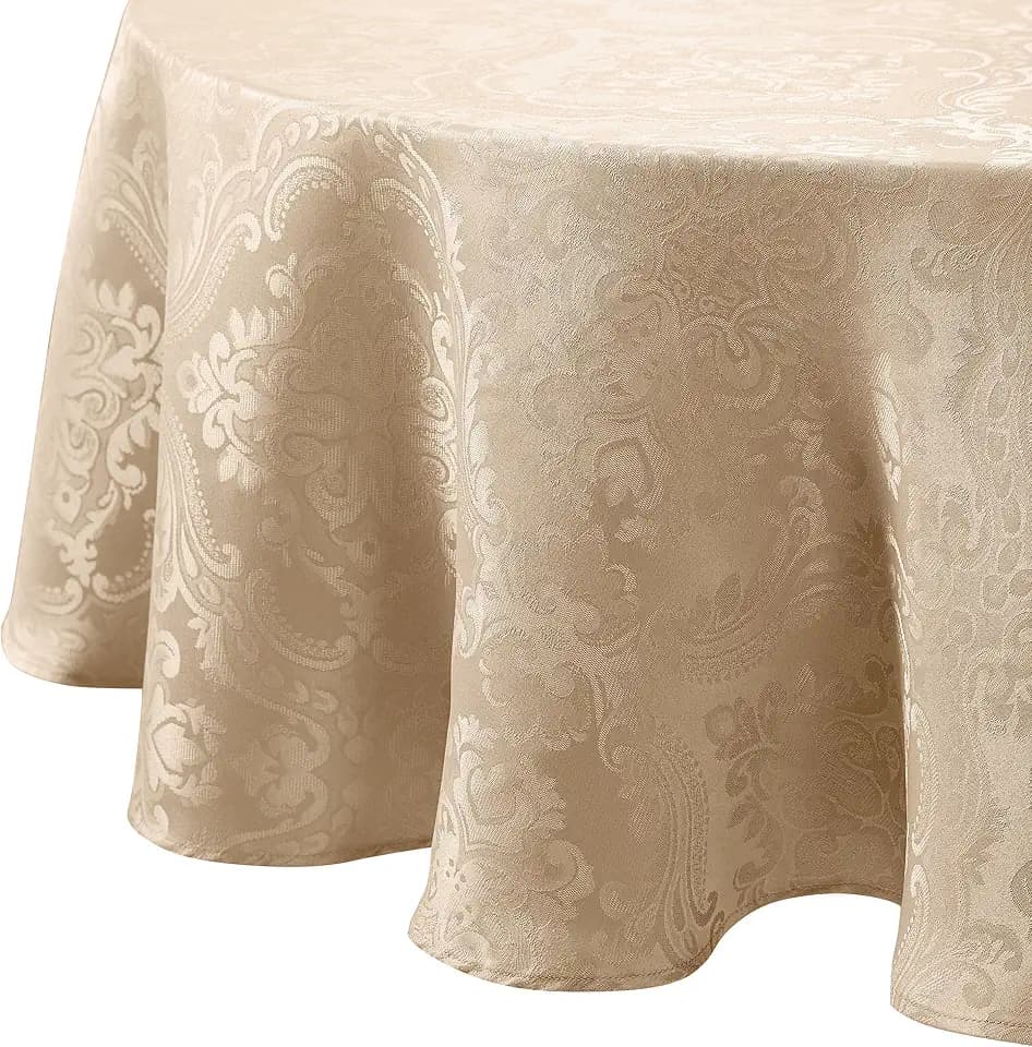 Caiden Elegance Damask Tablecloth, Taupe - 70" W x 70" L Round