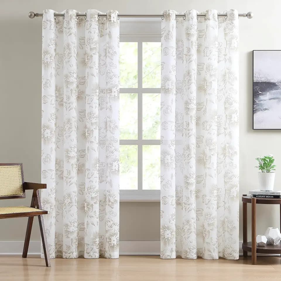 LinenZone 54x63 White Curtains with Linen Print. (Flora 54x63 Linen)