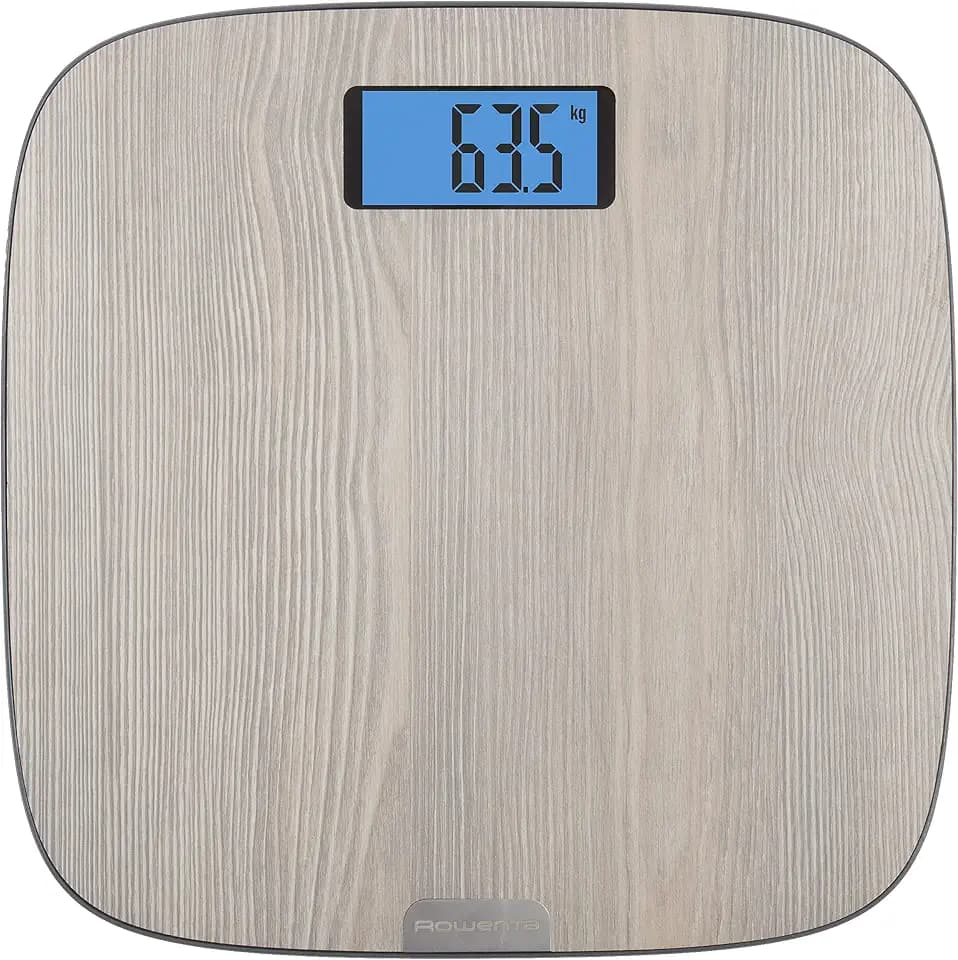 Rowenta Origin Light Wood BS1600 Personenwaage mit großem Display, Holz-Finish, Einschaltautomatik, Tragkraft bis zu 160 kg mit 100g Graduierung, inkl. 4 AAA-Batterien