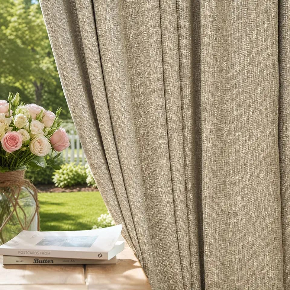 jinchan Linen Look Curtains 90 Inches Long Tan Burlap Textured Curtains for Living Room Farmhouse Semi Sheer Curtains Country Rustic Light Filtering Drapes for Bedroom Window Rod Pocket 2 Panels