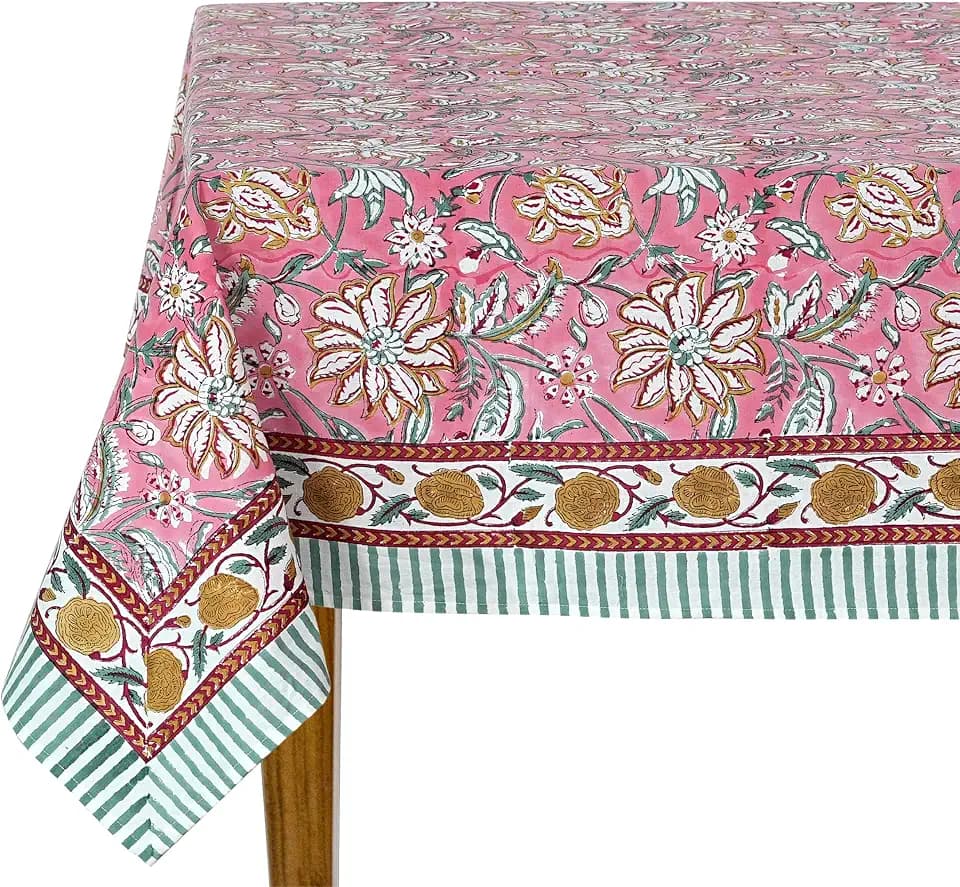 Ridhi Candy Pink Hand Block Print Dining Rectangle Tablecloth 108x70 Inch