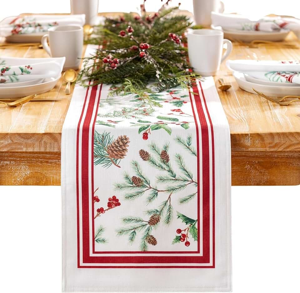Winter Holiday Berry Fabric Table Runner, Multicolor - 13" W x 70" L