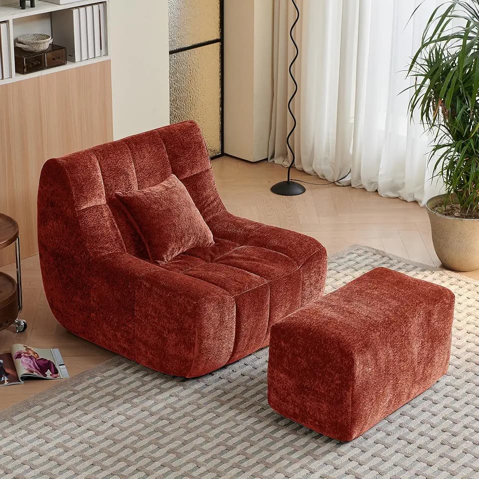 Bean Bag Chair With Footrest,Integrated Sponge Lounge Chair,Comfortable Bean Bag Sofa with Backrest, Faux FurBeanBagChair forAdultsandKids, Ideal for Bedrooms,Living Rooms,and Apartments(Orange)