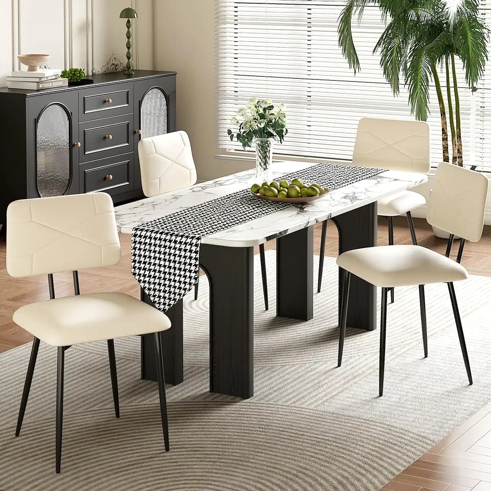 VECELO Dining Chairs Set of 4, Modern Upholstered Kitchen Chairs with Faux Leather Cushion Seat & Metal Legs for Kitchen, Living Room, Tufted Backrest Design, Beige