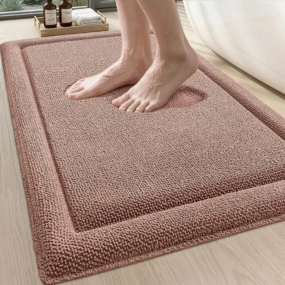 DEXI Memory Foam Bath Mat 24x17, Thick Chenille Bathroom Rug, Shrimp Red