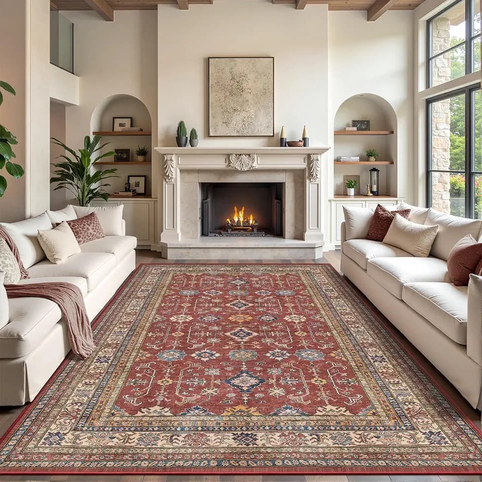 Rugland 9x12 Area Rugs for Living Room, Vintage Washable Area Rug, Burgundy