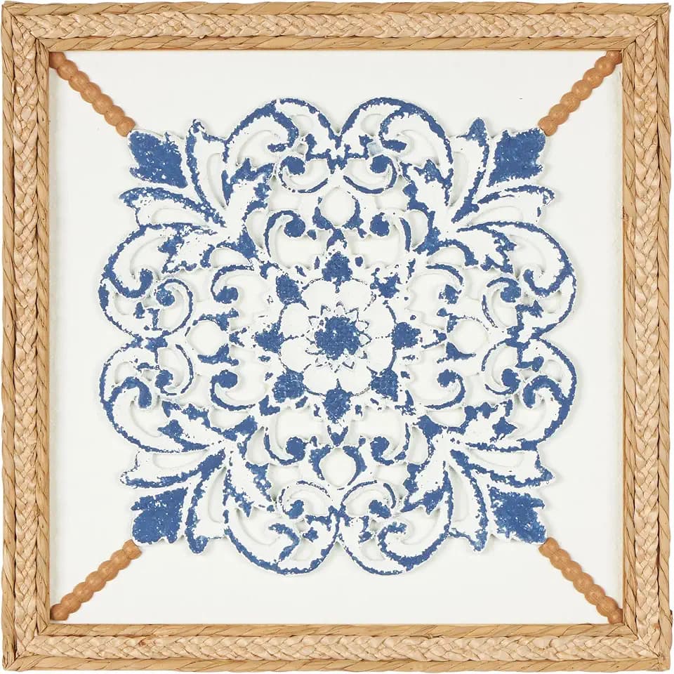 Deco 79 Wood Floral Home Wall Decor Relief Wall Sculpture with Brown Woven Seagrass Frame and White Backing, Wall Art 20" x 2" x 20", Blue