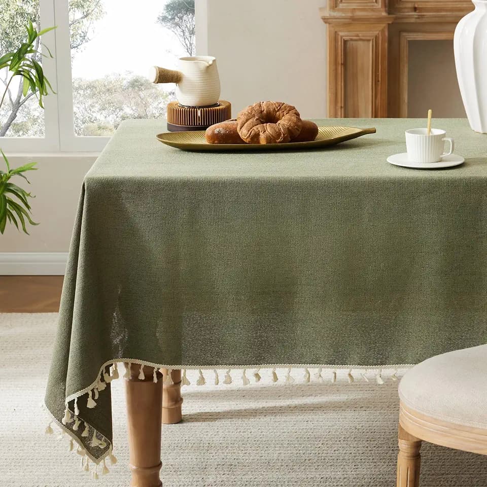 Tassel Linen Rectangular 6ft Table Cloth, Olive 60x104 Inch