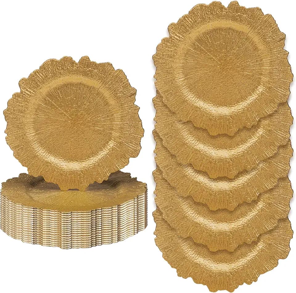 JEVERGN 24 Pack Gold Charger Plates, 13'' Reef Chargers for Dinner Plates, Gold Plate Chargers Set of 24, Round Plastic Charger for Wedding, Party Event, Dinner, Table Setting