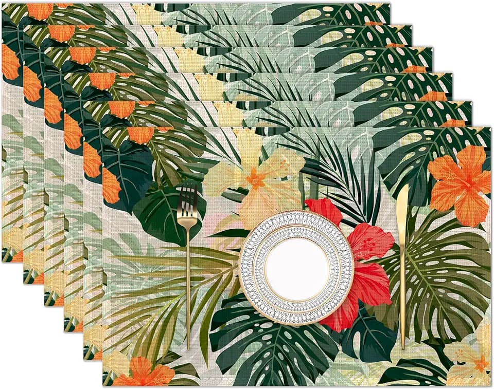 Placemats Set of 6,Hawaiian Tropical Plants Linen Place Mats,Modern Washable Table Placemats 12"x18" Heat Resistant Table Mats for Dining Kitchen Party Holiday Decoration,Hibiscus Flowers
