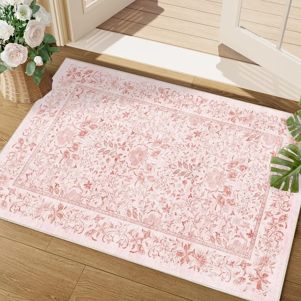 DUKINO 2x3 Entryway Rug, Washable Vintage Floral Area Rug, Pink