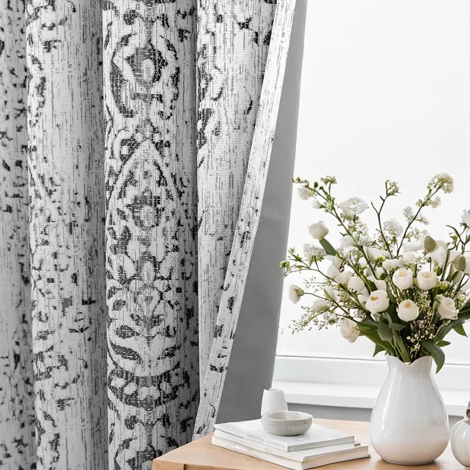 KOUFALL Grey Paisley Curtains for Living Room Bedroom 52x96 Inches Long 100% Blackout Boho Print Bas Relief Extra Long Tufted Curtains Light Gray