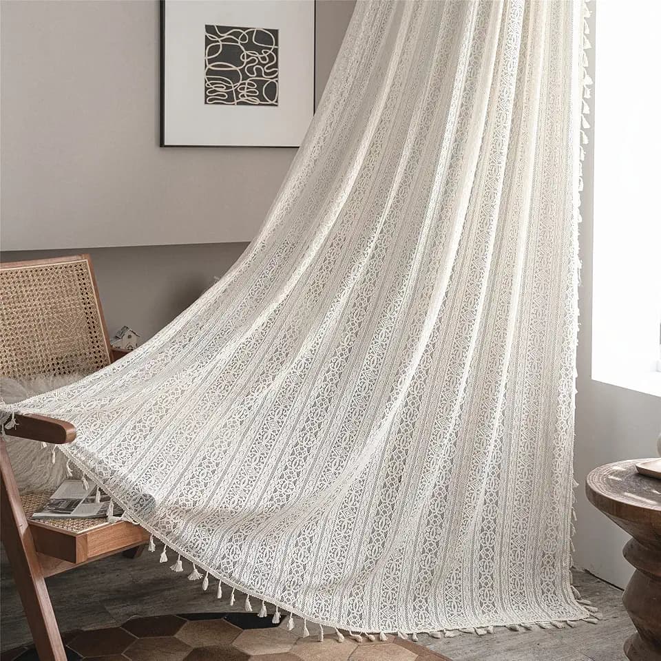 Sutuo Home Boho Curtain Crochet Lace Semi-Sheer Florals Hollow Knitted Handmade Tassels, Rod Pocket Window Treatment Vintage Rustic Farmhouse Drapes for Living Bedroom, 1 Panel 59" W x 72" L, Beige