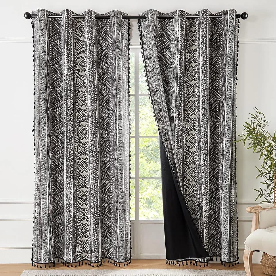 Colorbirtd 100% Blackout Boho Heat Blocking Thermal Curtains for Summer Heat Bedroom Living Room Dark Grey Sun Blocking Patterned Decorative Western Southwest 63 Inch Curtain & Drapes for Dining Room