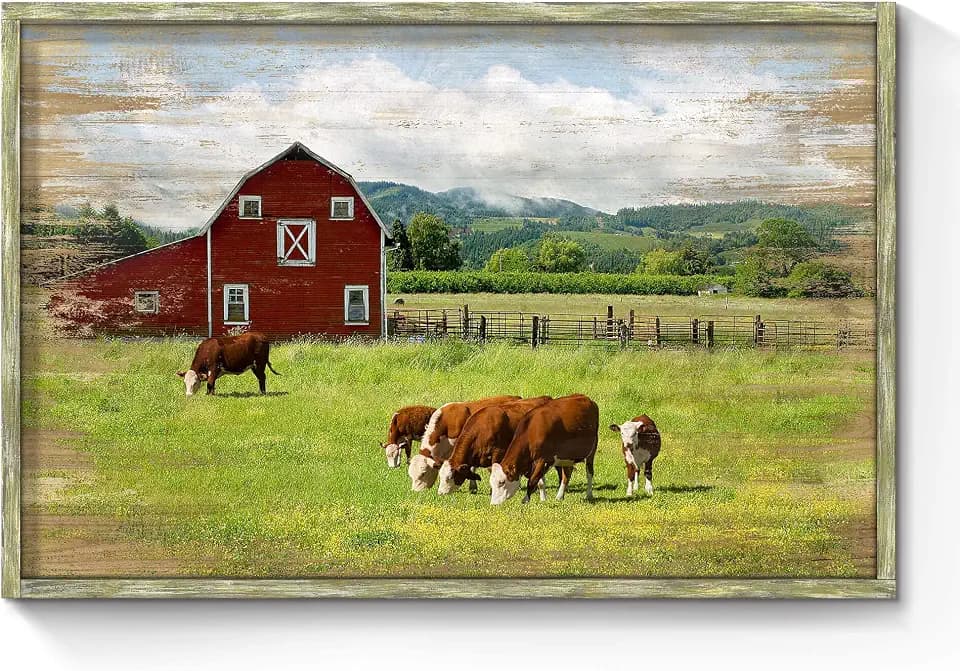 SunFlax Rustic Red Barn Farmhouse Framed Wooden Wall Art 36"x24"