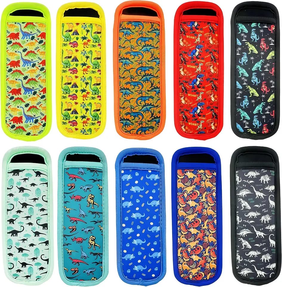 10 Pack Reusable Neoprene Ice Pop Sleeves: Insulated Popsicle Holders for Kids and Toddlers, Perfect Freeze Sleeve and Ice Holder for Freezer Party Fun, Dinosaur
