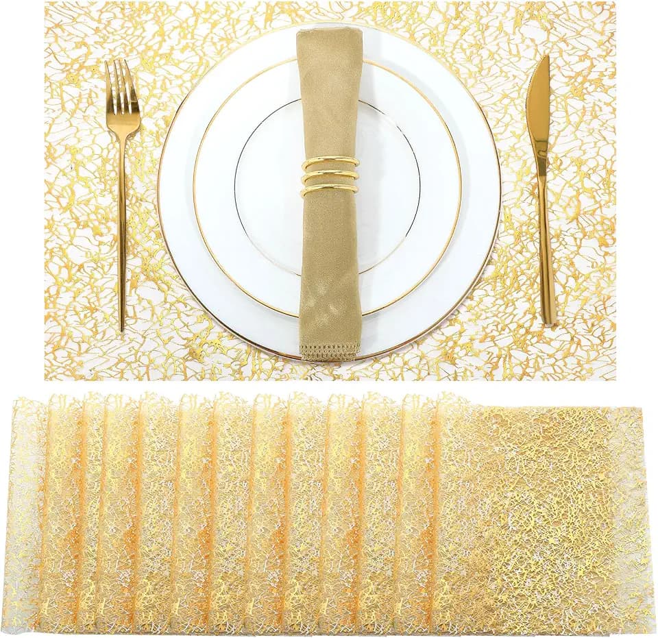 12 Pcs Gold Disposable Placemats Bulk 12 x 18 Inch Gold Doilies Metallic Glitter Rectangle Foil Placemats Table Decoration Dining Place mats for Party Wedding Dining Table Birthday Party