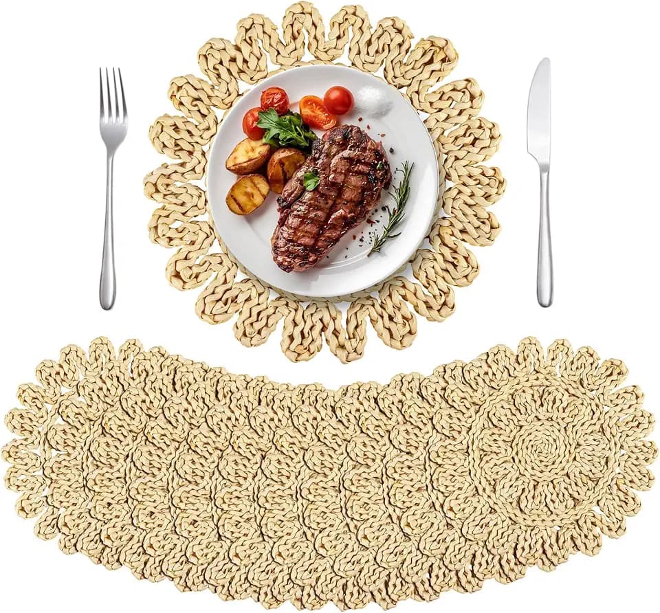 Kochorie 11.8 Inch Round Woven Placemats Set of 12 Handmade Corn Husk Placemats Natural Boho Rattan Woven Placemat Table Wicker Placemat for Farmhouse Spring Home Table