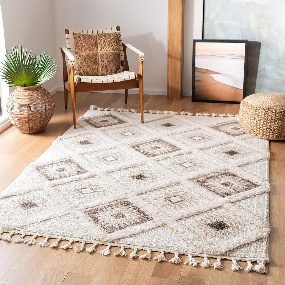 SAFAVIEH Moroccan Tassel Shag Collection Accent Rug - 4' x 6', Ivory & Brown, Boho Design, Non-Shedding & Easy Care, 2-inch Thick Ideal for High Traffic Areas in Foyer, Living Room, Bedroom (MTS601A)