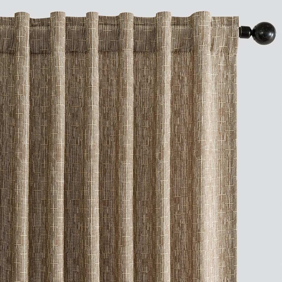 MIULEE Patterned Farmhouse Linen Curtains, Back Tab, 52Wx63L, Brown