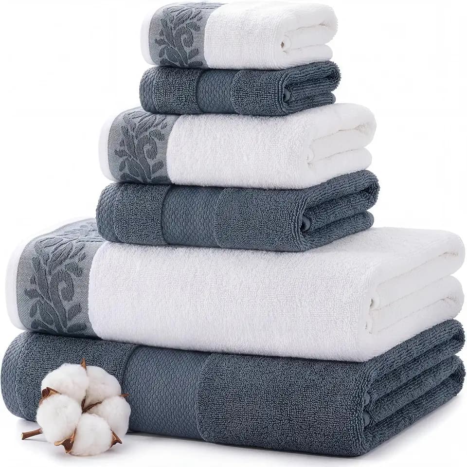 Modern Threads 6 Piece Bath Towel Set – Bathroom Towel Set with 2 Bath Towels, 2 Hand Towels & 2 Washcloths – 100% Cotton, Soft & Absorbent – Jacquard Border (Blue)