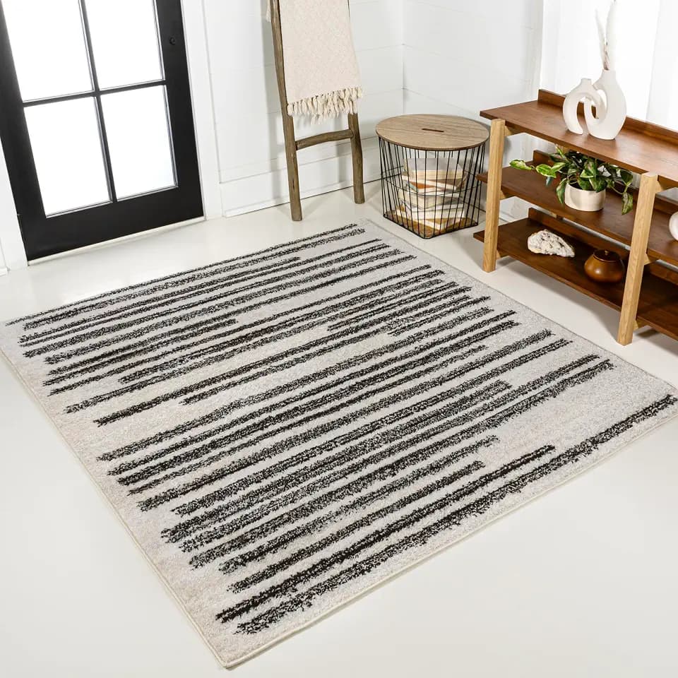 JONATHAN Y Khalil Modern Berber Stripe Cream/Black 3x3 Square Indoor Area Rug, Contemporary, Bohemian, Easy-Cleaning for Living Room, Bedroom, Kitchen, Pet Friendly, Non-Shedding (MOH207A-3SQ)