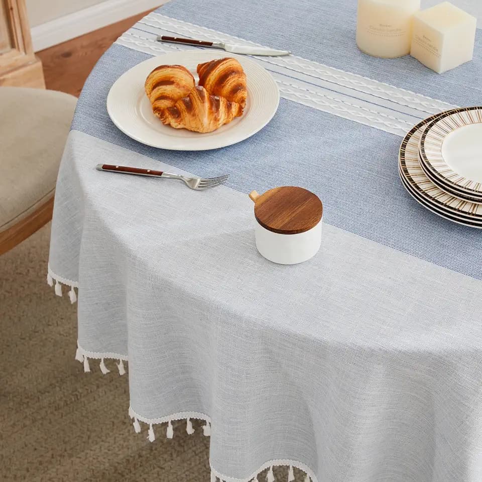 ZeeMart Contrast Linen Round Table Cloth 60 Inch Mid-Stripe Blue