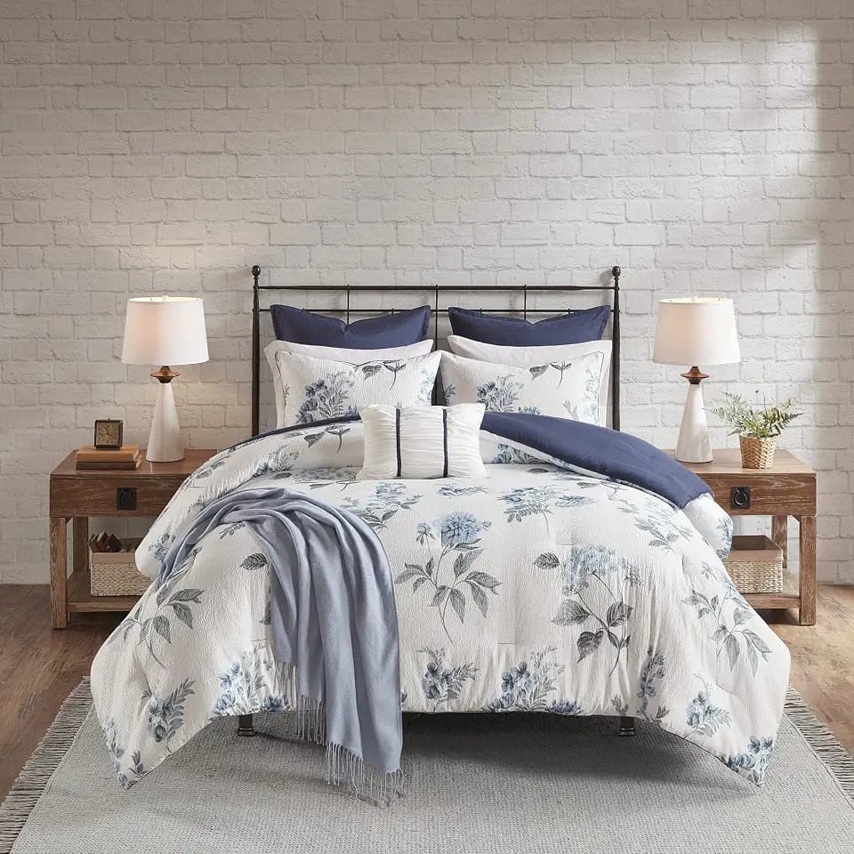 Madison Park Seersucker Blue King Comforter Set with Throw-Blanket, 7pc