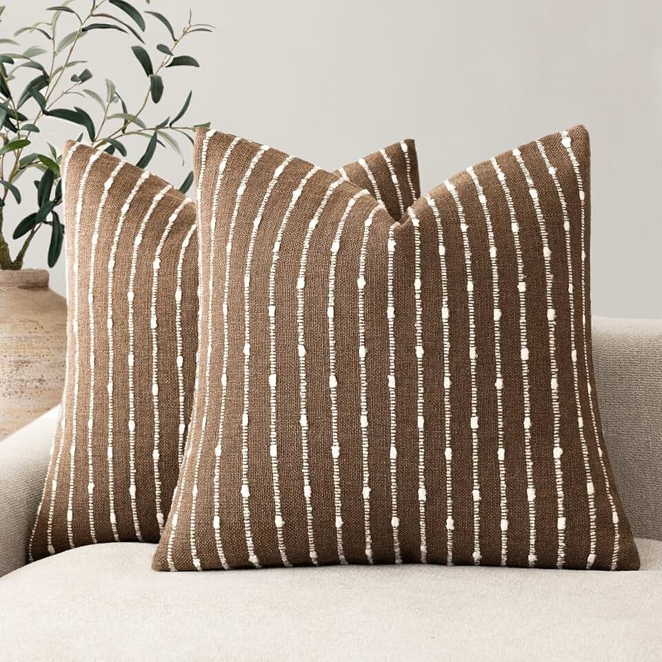 Foindtower Decorative Striped Boucle Throw Pillow Covers 18x18 Inch Brown