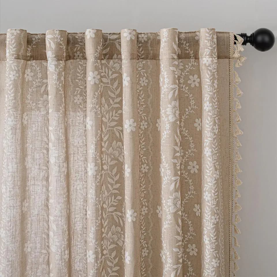 MYSKY HOME Boho Floral Curtains 72 Inch Length Linen Blend 2 Panels
