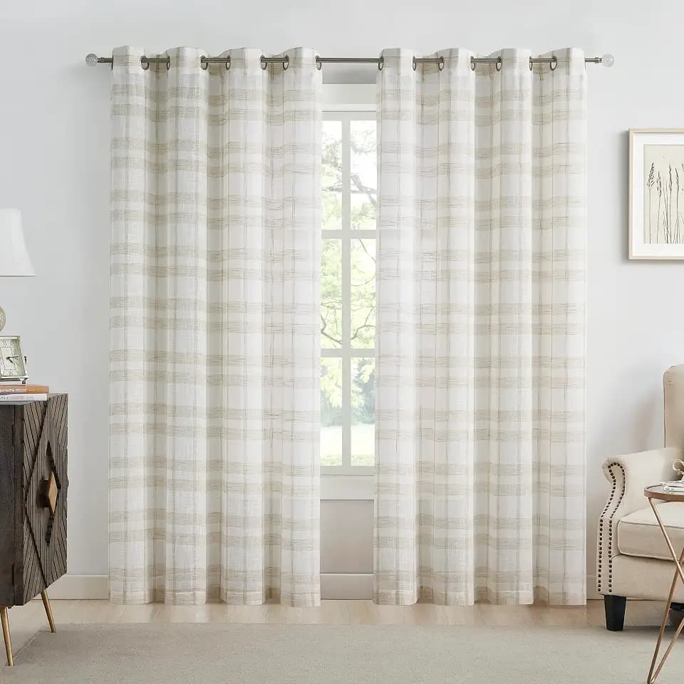 XZJTEX Tan White Gingham Checkered Plaid Curtains 95 Inch 2 Panels Bedroom