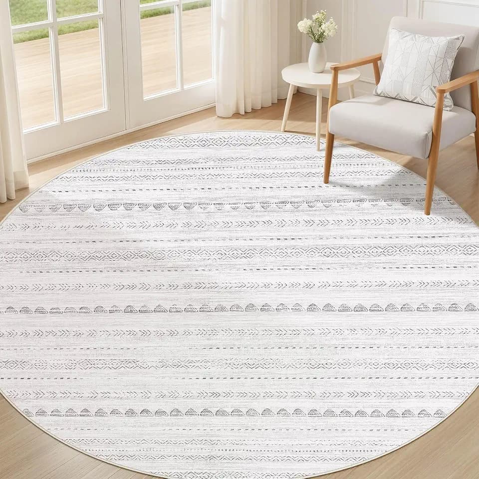 Nakagishi Round Rug Boho Area Rugs: 5x5 Washable Large Circle Neutral Soft Stain Resistant Non-Slip Carpet for Women Aged 25-45 Farmhouse Decor Enthusiasts - Living Room Bedroom Dining Room Nursery