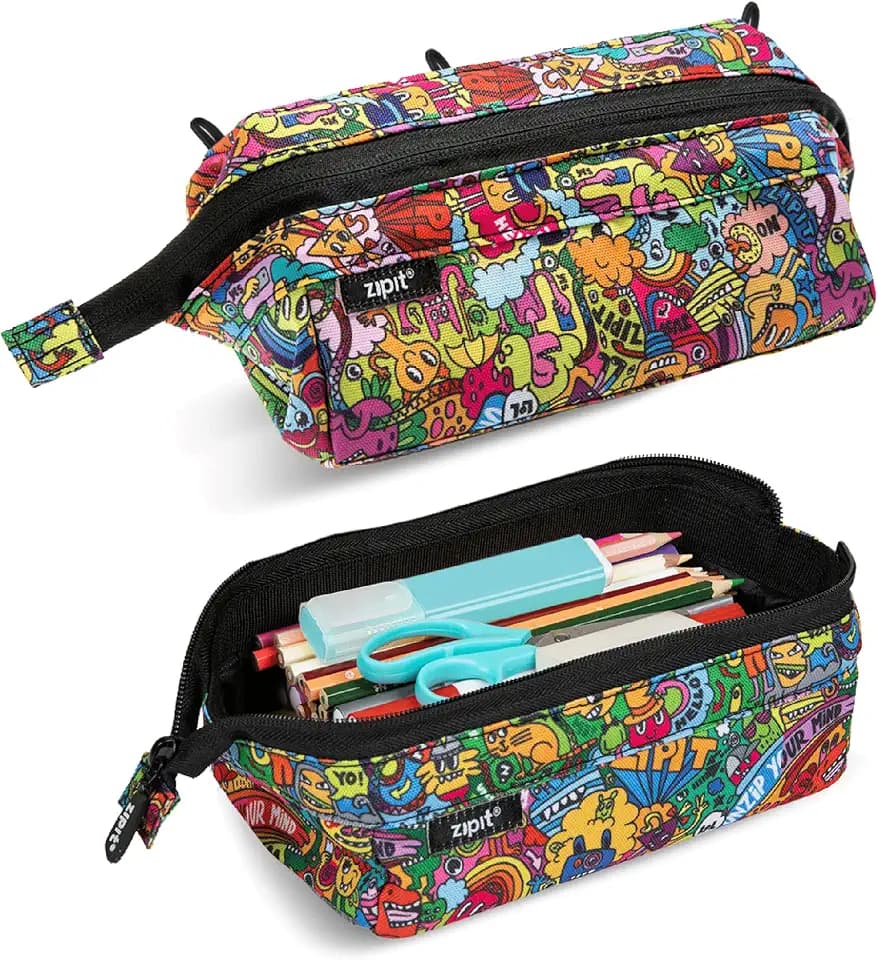 ZIPIT Lenny Pencil Case, Large Zipper Pouch for Girls and Boys, Doodles