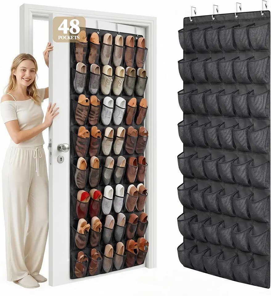 48 Pockets Over the Door Shoe Organizer, Mesh Hanging Shoe Rack for Women, 6-Column Heavy Duty Shoe Storage for Sneakers & Heels, Behind Door Holder for Entryway Bedroom Dorm College, Black