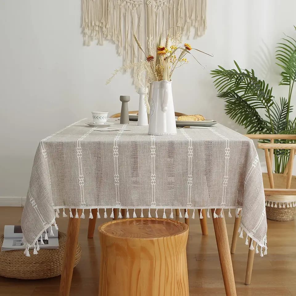Gernaice Rustic Stripe Embroidered Tablecloth Heavy Rectangle Tassel Cotton Linen Table Cloth Wrinkle Free Washable Table Cover for Kitchen Dinning Party Holiday Brown 55x70 Inch