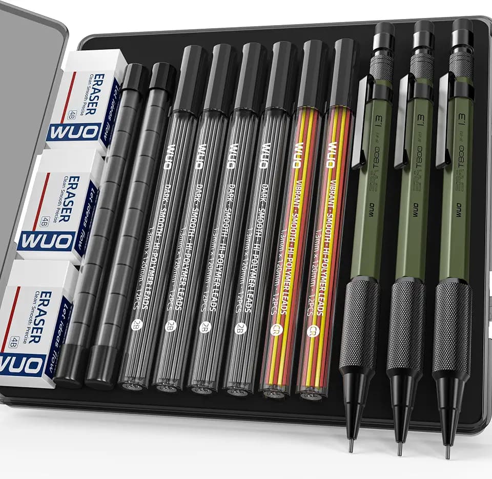 WUO 1.3mm Mechanical Pencil Set, 3 Pack Metal Mechanical Carpenter Pencils