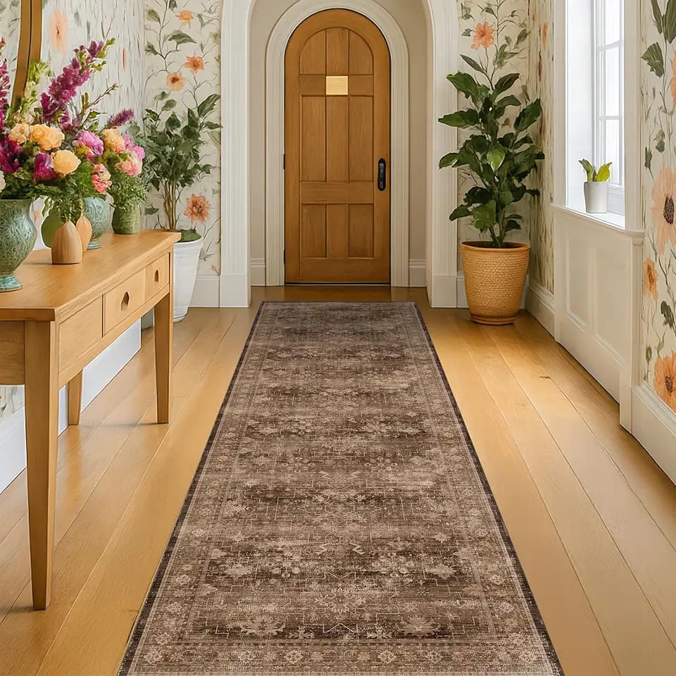 Brown Boho Washable 2x7 Runner Rugs for Hallway Kitchen Bedroom Beside Laundry Room Bathroom Rug, Pet & Kids Friendly, Non Slip Low Pile Stain Resistant Soft Faux Wool Long Dark Earthy Floor Carpet