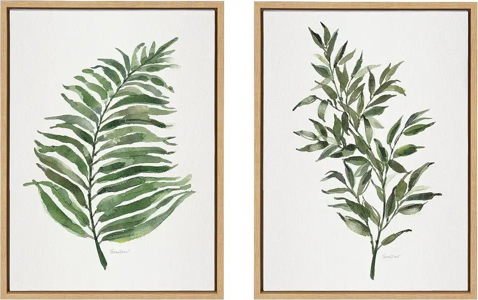 Kate and Laurel Sylvie Green Fern and Ruscus Framed Canvas Wall Art Set by Patricia Shaw, 2 Piece 18x24 Natural, Natural Plant Leaf Art Set for Wall