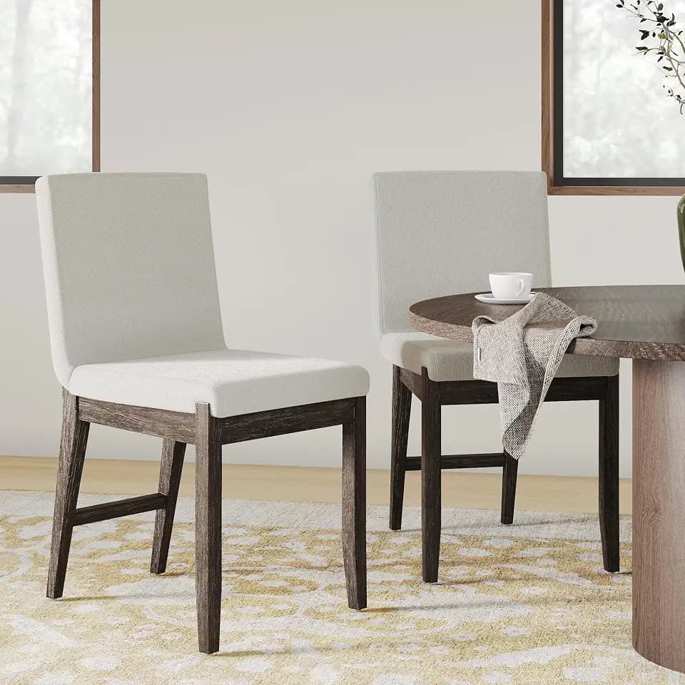 Nathan James Gracie Scandinavian Dining Chair with Cushion, Boucle Dining Chair with Solid Wood Frame, Cream Boucle/Dark Brown, Set of 2