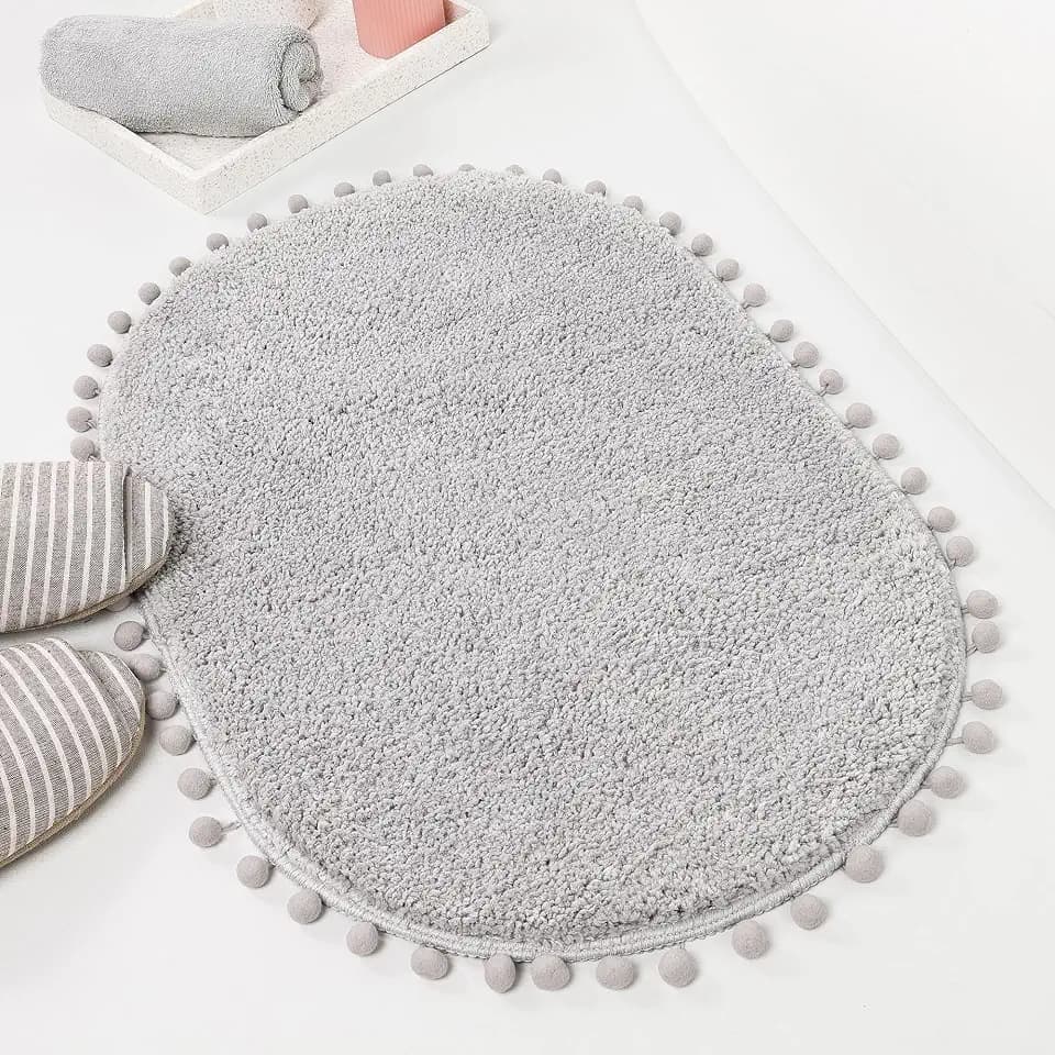 YIRDDEO Oval Rug for Bathroom, Cute Boho Bath Mat with Pom, Light Grey