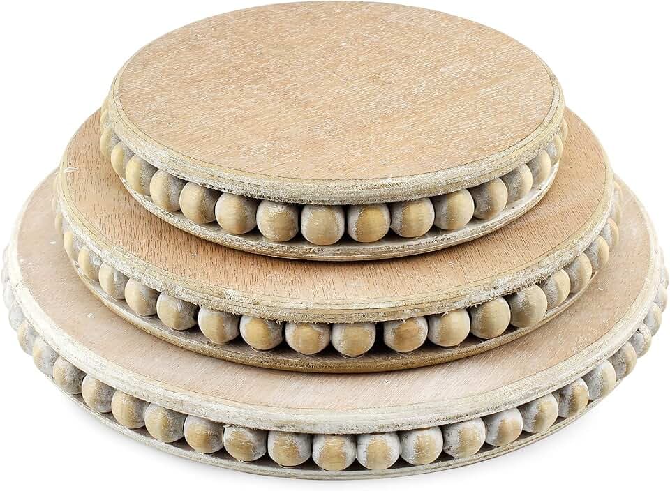 AuldHome Design Farmhouse Beaded Pedestal Tiered Stands (3-Piece Set, Unfinished); Rustic Wood Beaded Tray Stack