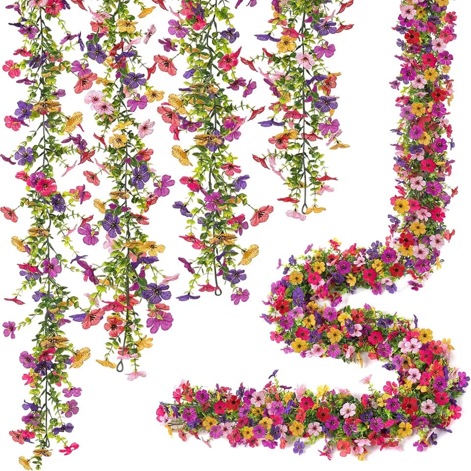 Ammyoo Artificial Flowers Garland Ivy, 4 Pack 5.9 FT Spring Summer Decor UV Resistant Fake Mums Floral Vine Silk Daisy Hanging Flower for Home Garden Wedding Decor Photo Booth Backdrop(Mix)