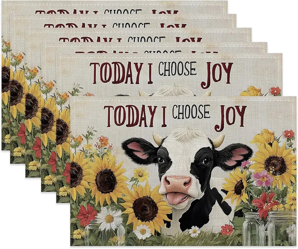 Rustic Cow Fabric Placemats,Country Sunflower Table Placemats Set of 6 Cloth Place Mats, Washable Heat-Resistant Table Mats for Home Kitchen Dining Room Decoration 11.8x17.7 Inch