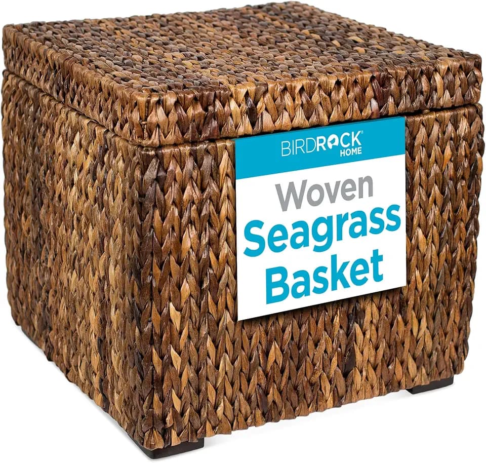 BIRDROCK HOME Woven Seagrass Storage Ottoman Cube with Lid, Espresso, 18”